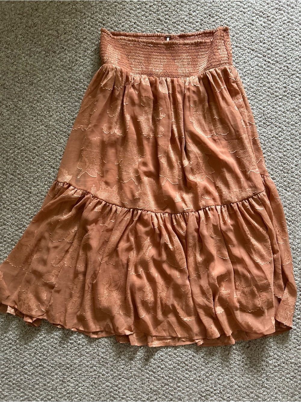 Free People Smocked stretchy Waist Midi Brown Flowy Skirt size L